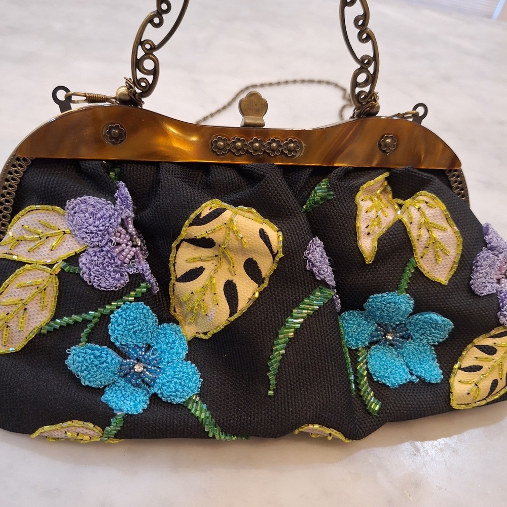 Vintage Floral Beaded Clutch Purse Med Black Embroidered Evening Bag Gold Ornate